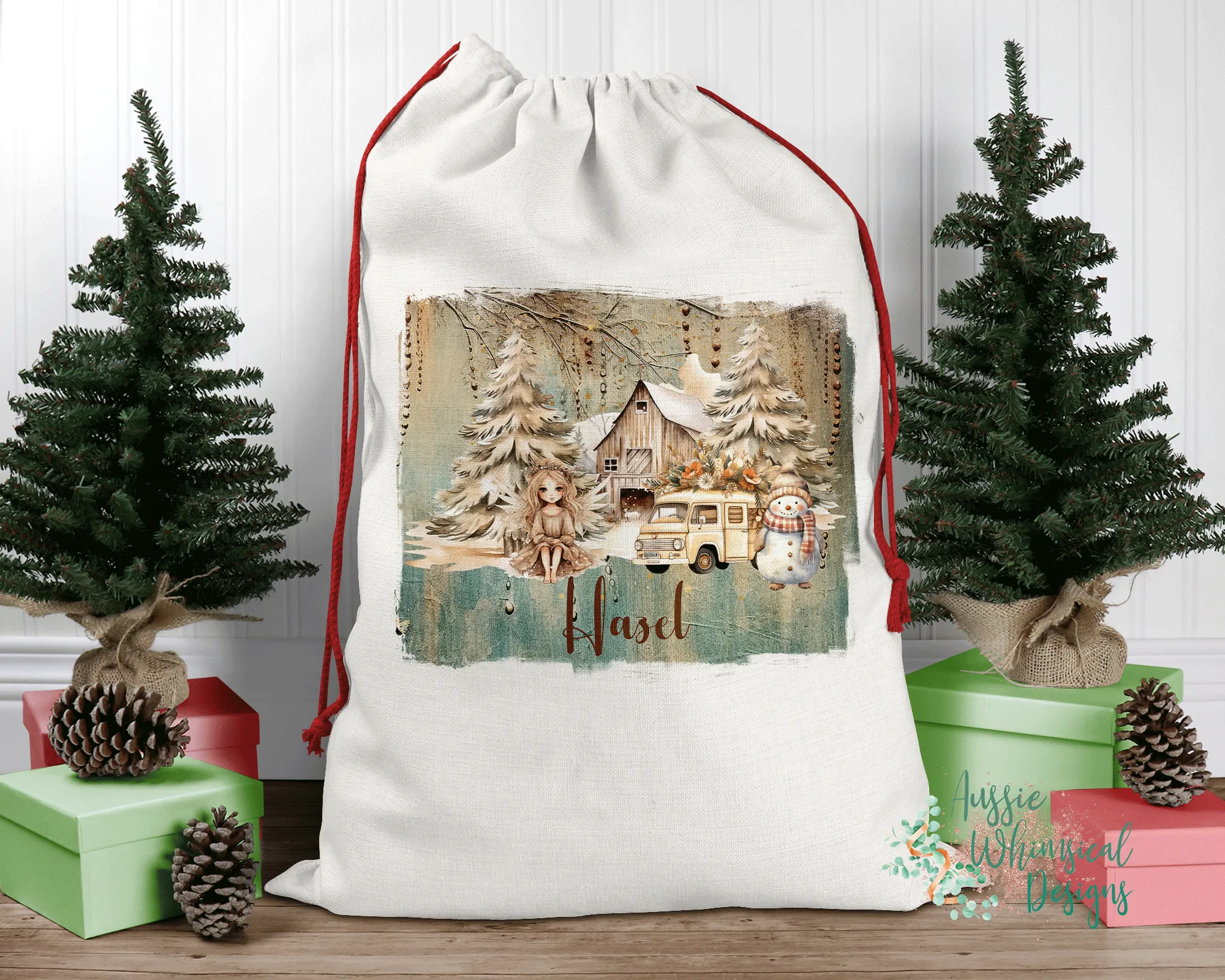 Boho Country Personalised Santa Sack, Linen Bag