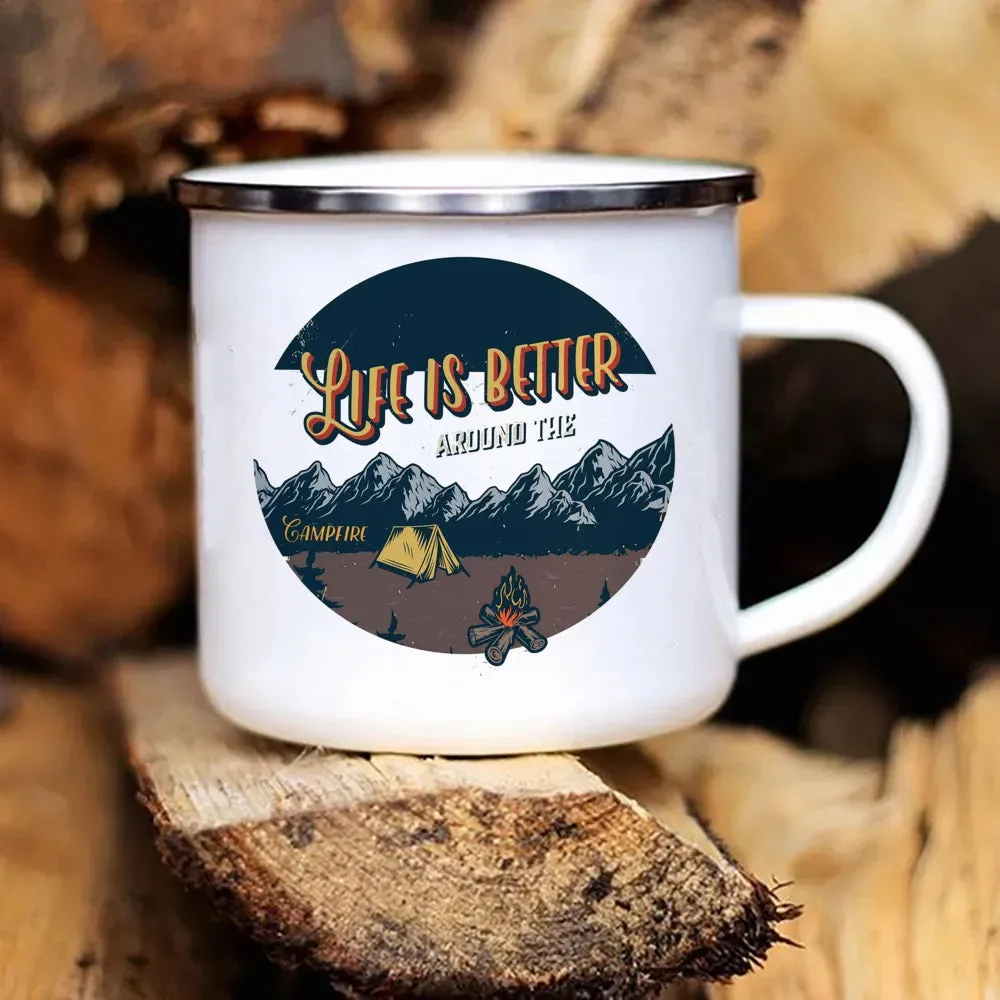 Camping Coffee Mug 12oz. Metal Enamel Caravan Printed Camper