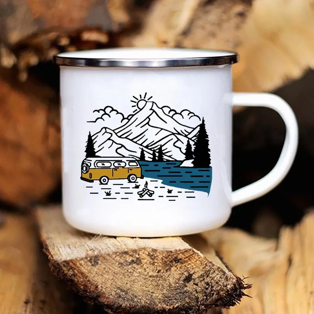 Camping Coffee Mug 12oz. Metal Enamel Caravan Printed Camper