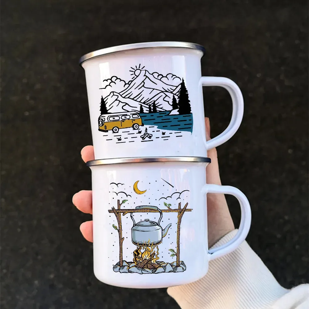 Camping Coffee Mug 12oz. Metal Enamel Caravan Printed Camper