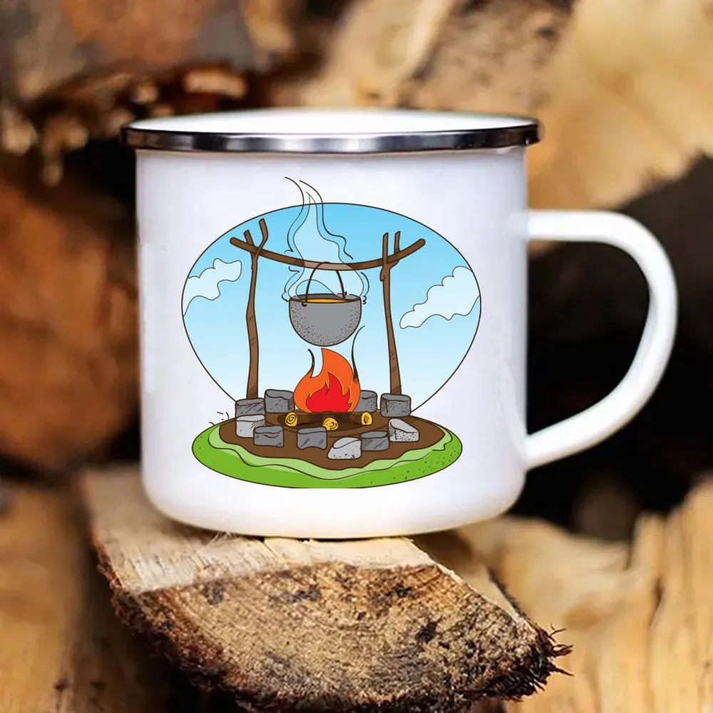 Camping Coffee Mug 12oz. Metal Enamel Caravan Printed Camper