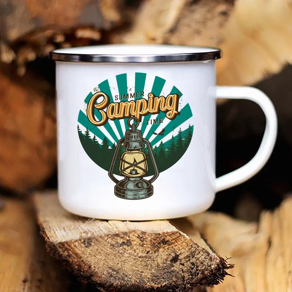 Camping Coffee Mug 12oz. Metal Enamel Caravan Printed Camper