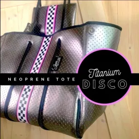 new Neoprene Tote Titanium Disco metallic silver waterproof bag   black white racing checks w pink border   variations - Pink Racer purse