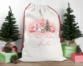 Personalised Santa Sack, Pink Christmas, Nutcracker, Linen Bag