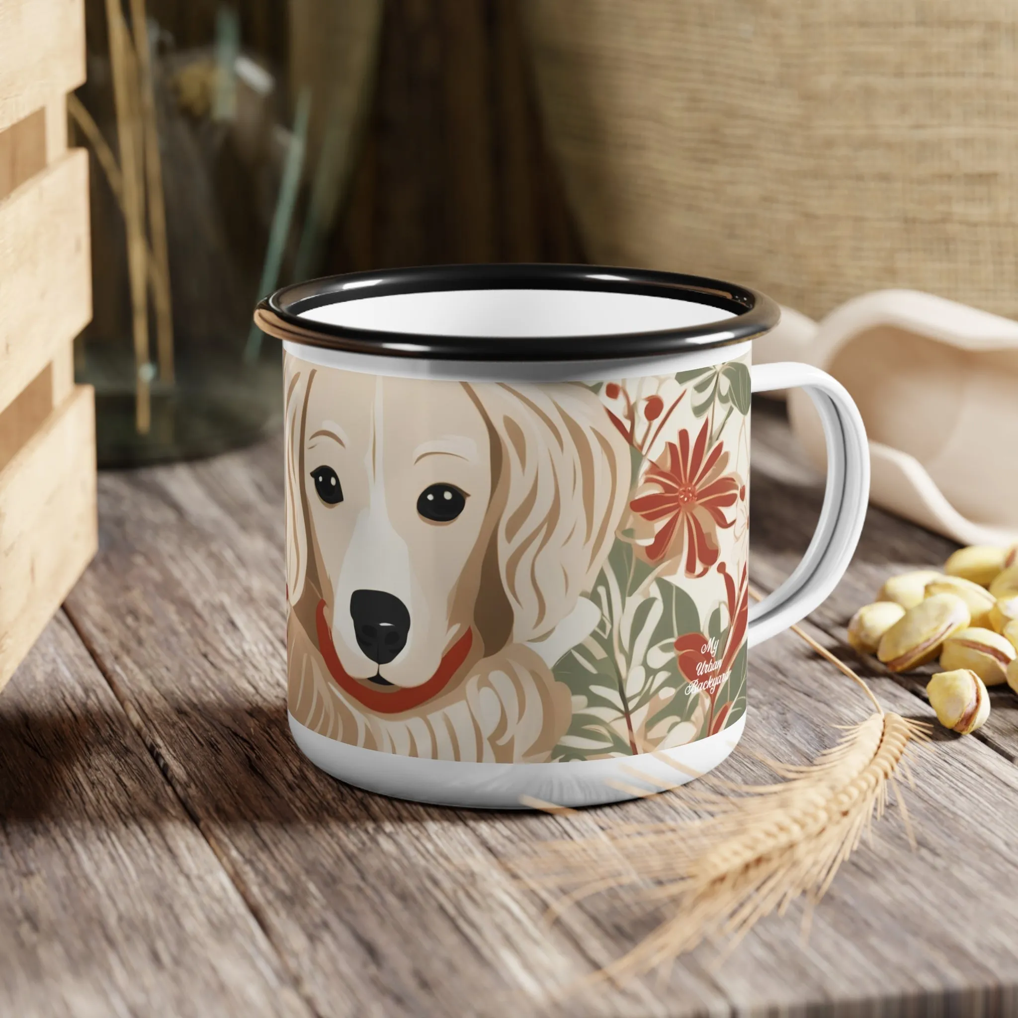 Puppy with Red Collar, Enamel Camping Mug for Coffee, Tea, Cocoa, or Cereal - 12oz