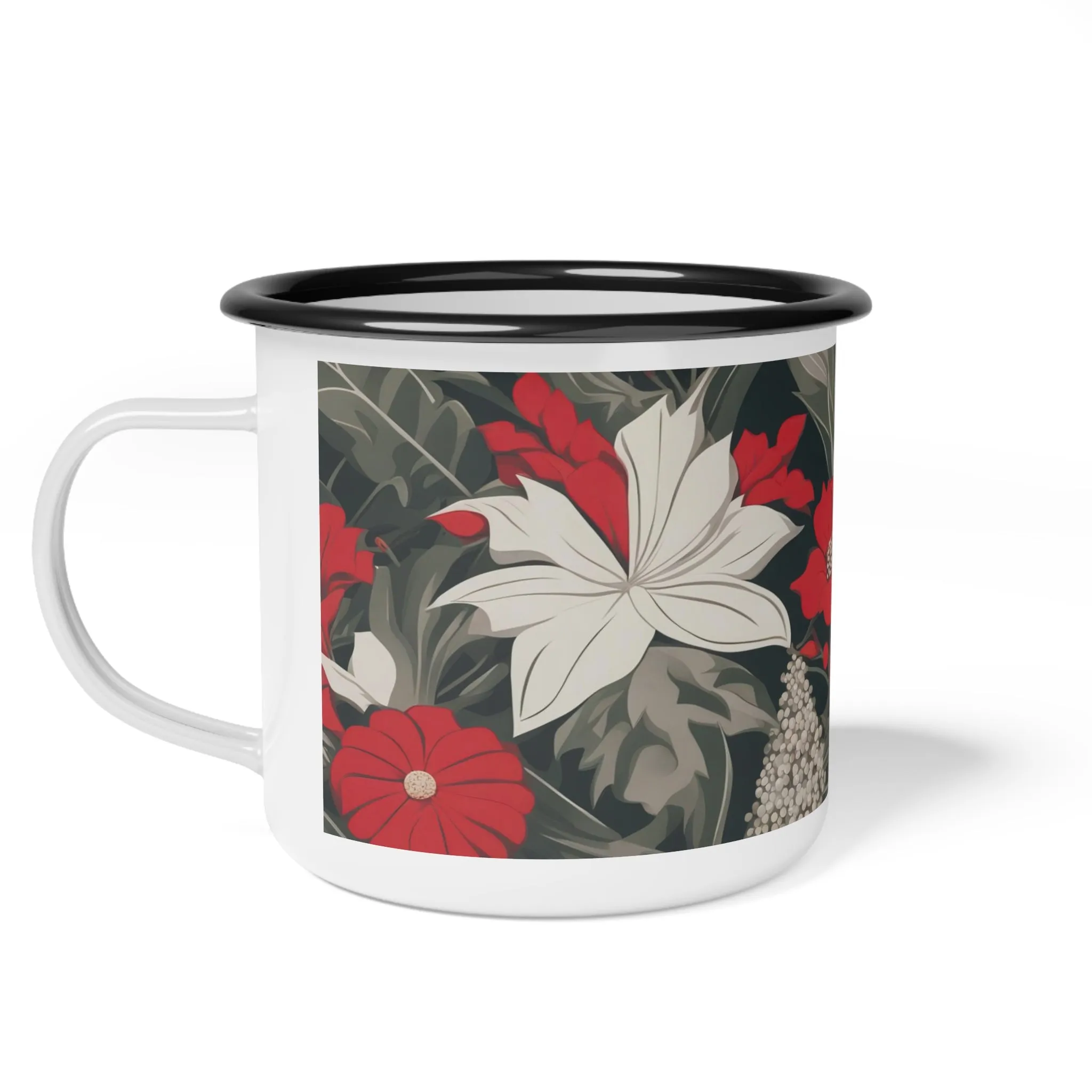 Red & White Flowers, Enamel Camping Mug for Coffee, Tea, Cocoa, or Cereal - 12oz