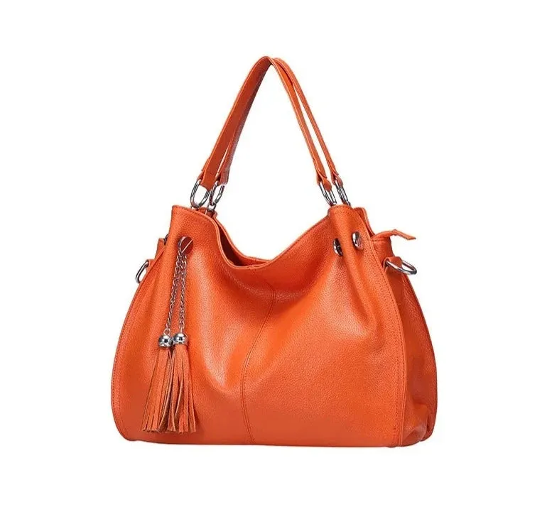 Tassel Detail Genuine Leather Shoulder Bag