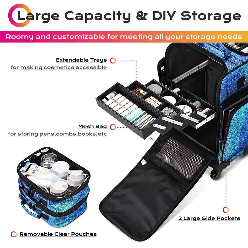 TheLAShop PU Pro Rolling Makeup Case with Trays(8) & Compartments