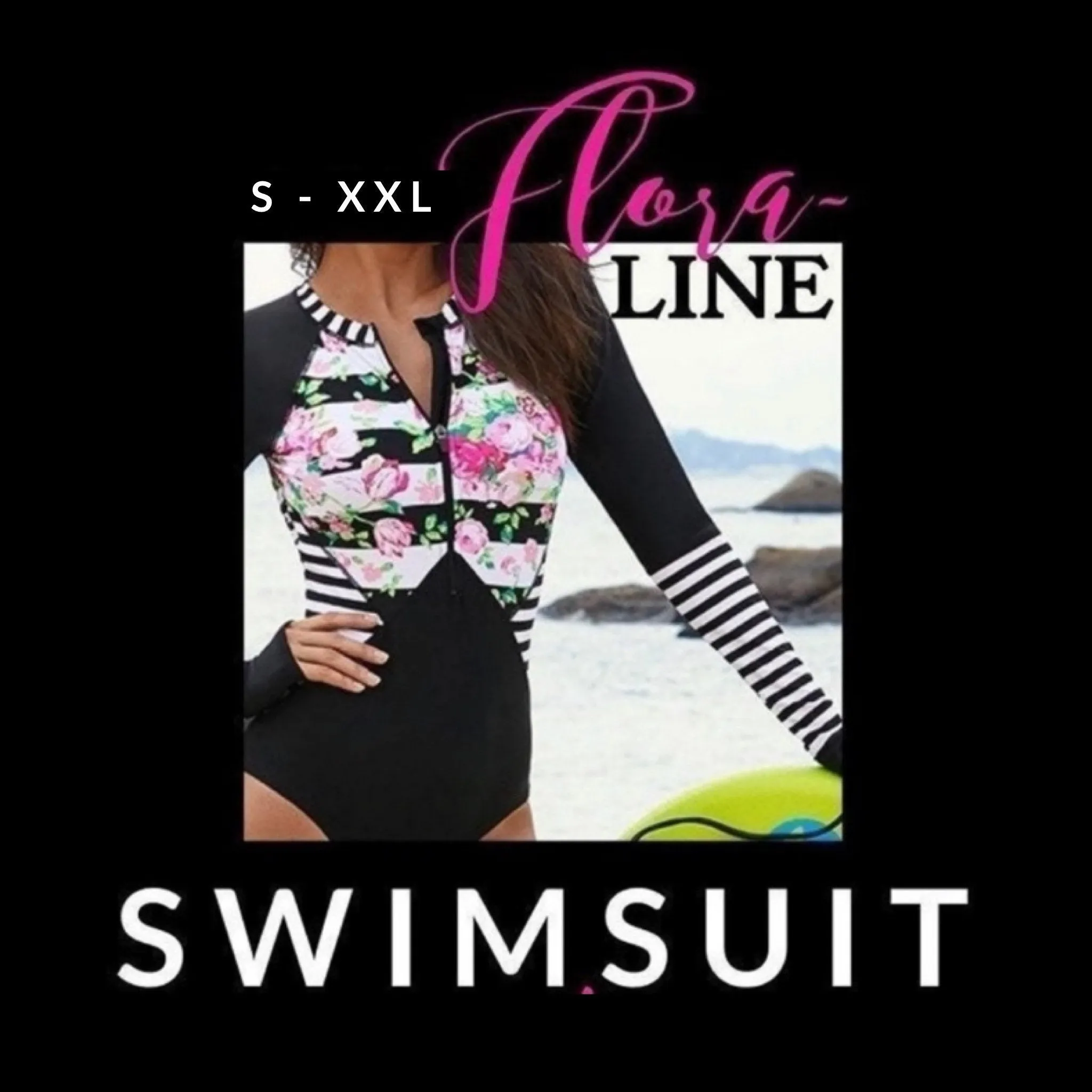 UPF Rashguard: Black Flora-Line surfsuit / swimsuit [ Small Medium Large X-Large XXL black white stripe pink floral modest beautiful 2021