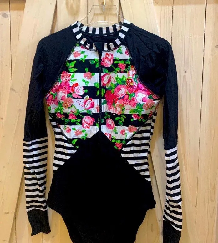 UPF Rashguard: Black Flora-Line surfsuit / swimsuit [ Small Medium Large X-Large XXL black white stripe pink floral modest beautiful 2021