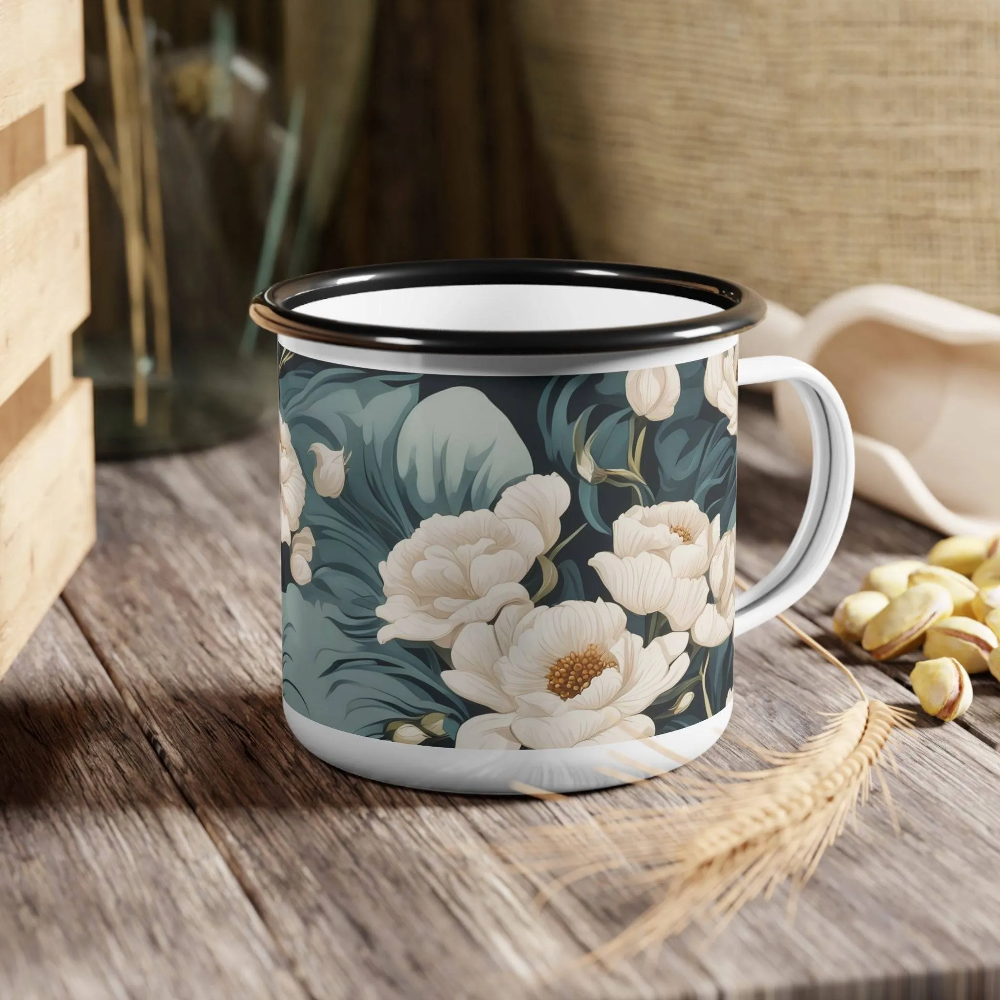 Winter Flowers, Enamel Camping Mug for Coffee, Tea, Cocoa, or Cereal - 12oz